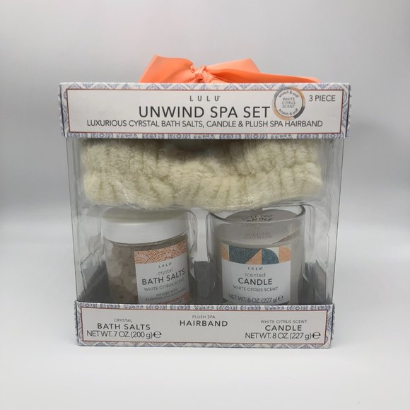 Lulu Unwind White Citrus Scent Spa Set, Bath Salts Candle Hairband, Valentine's - Picture 1 of 3